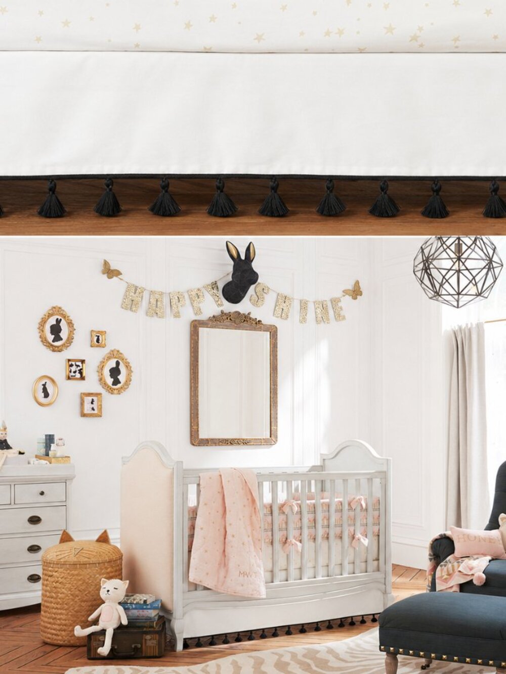 POTTERY BARN KIDS x EMILY & MERITT Cotton Tassel White Black‎ Crib Skirt Crib